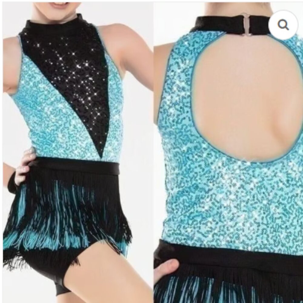 Revolution Dance Costume fringe blue Black sequin C'EST LA VIE